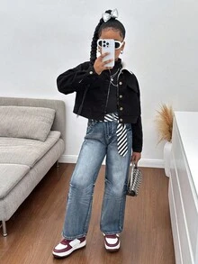 SHEIN Tween Girls' Black & White Contrast Fuzzy Jacket, Comfortable Casual Fashion Versatile Outerwear,In Fall/Winter