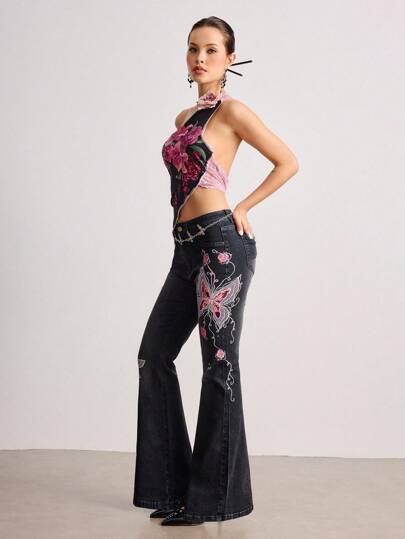 Goth Jeans évasés taille basse skinny pour femmes, broderie jacquard vintage Y2K papillon et rose