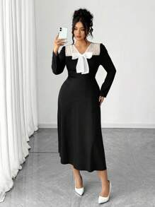 Elenzga Große Größen Schleife Perle Chiffon einfarbiges schlank geschnittenes A-Linien Langarm Kleid für Frauen - Schwarz - Übersicht 6