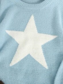 青少年女孩星星图案圆领落肩毛衣 - 淺藍色 - 查看 4