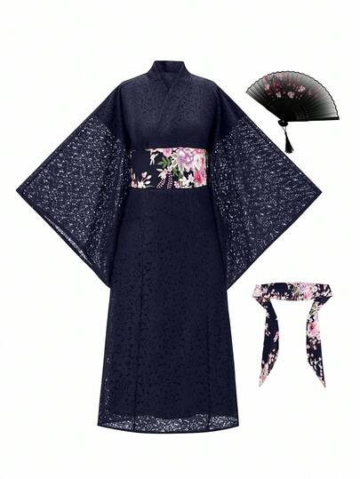 Irokai 宽松长袍、花卉提花腰带装饰吊带裙浴衣套装