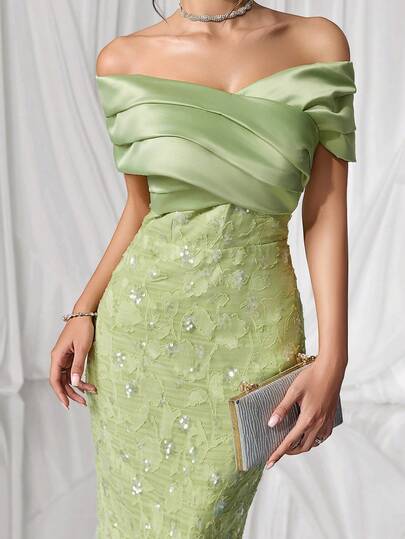 Coutiva Elegant Drop Shoulder Backless Fruit Green Satin Stitching Jacquard Sequin Hem Straight Skirt Back Slit Party Dress, Suitable For Birthday Parties,  Glamorous Dress Daily Gatherings, Prom Dresses, Cocktail Parties, Graduation Ceremonies, School Opening Parties, Etc. Green Formal Dress Off The Shoulder Dress Sage Green Dress Green Cocktail Dress Sequin Dress Graduation