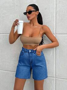 EURMUSE 100%Cotton LIGHT WASH HIGH WAIST SHORT - Dusty Blue - View 4