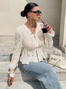 Siren Gaze 女士优雅通勤纯色刺绣衬衫