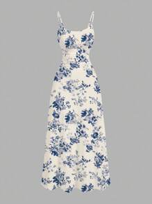 SHEIN MOD Vestido largo con escote en V de gasa con pliegues en la cintura, estampado floral azul y blanco, de estilo casual y sencillo - Multicolor - Ver 6