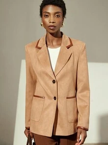 Aveloria Modichic Áo khoác blazer rộng rãi bằng nhung hươu và da giả có ve vá dành cho nữ - Màu Khaki - Xem 3
