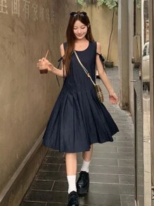 DAZY 女士圆领蝴蝶结腰部褶裥中长牛仔连衣裙 夏季女装连衣裙 - 藍色 - 查看 1