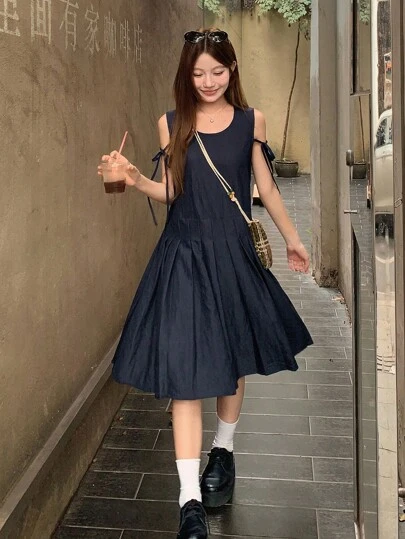 DAZY 女士圆领蝴蝶结腰部褶裥中长牛仔连衣裙 夏季女装连衣裙