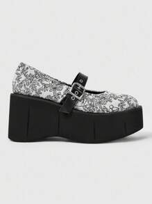 ROMWE Grunge Punk Pantofi sport fără platformă pentru femei, stil gotic punk, cu vârf rotund, cu imprimeu floral aleatoriu din pânză, curea metalică reglabilă, pantofi comozi pentru activități casual, pentru exterior, Halloween - alb - Vizualizare 6