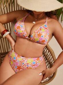 Swim Mod Plus Size Women's Halter Backless Ocean Print Bikini Set For Summer Beach Vacation - Multicolor - View 5