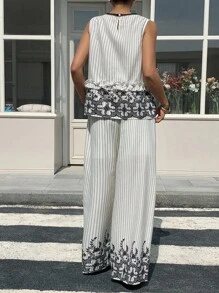 DAZY Women's Elegant Summer Bohemian Black And White Checkered Contrast Color Print Patchwork Sleeveless Vest And Wide Leg Pants 2 Pieces Vacation Outfit - White - View 5