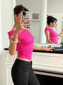Roylia Summer Casual Solid Color Textured Slim Fit Cropped T-Shirt Powdered Rose - Hot Pink - View 4