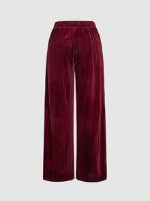 SHEIN MOD 金属扣休闲时尚百搭宽松阔腿女裤 - 酒紅色 - 查看 3