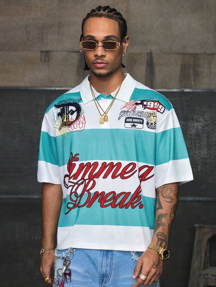 AXEPEAK 男士休闲拼色条纹字母印花 Polo 衫，夏季