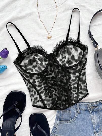 Soleia Vacation Sweet Floral Sexy Bustier Lace Trim Camisole, Fitted Slip Camisole For Women, Can Be Worn Underneath Or As Outerwear, Suitable For Parties, Dates, Valentine's Day, Afternoon Tea Leopard Print Top See Through Top See Through Tops Lacey Top