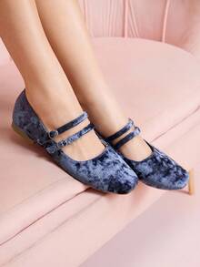 CUCCOO DOLLMOD Women's Navy Square Toe Cute Fashion Comfortable Suede Double Strap Elegant Mary Jane Flat Shoes - Blue - View 4
