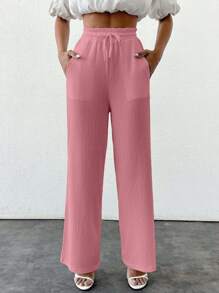 EURMUSE Summer Solid Color Beige High Waist Drawstring Waist Linen Look Wide Leg Pants - Dusty Pink - View 3