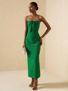 Vesra Women's Solid Color Elegant Long Fitted Tube Dress - Green - View 3