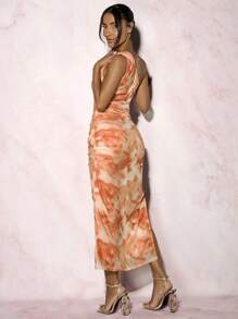 Glamine Ink Printed One Shoulder Ruched Split Dress Maxi Women Outfit - Orange - View 2