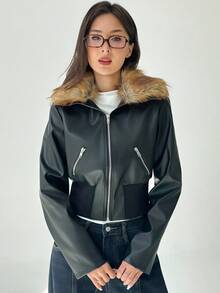 Aloruh Chaqueta de mujer con cuello de piel sintética, manga larga, cintura ceñida y parches de PU en estilo Y2K Baddie, para otoño/invierno - Negro - Ver 7