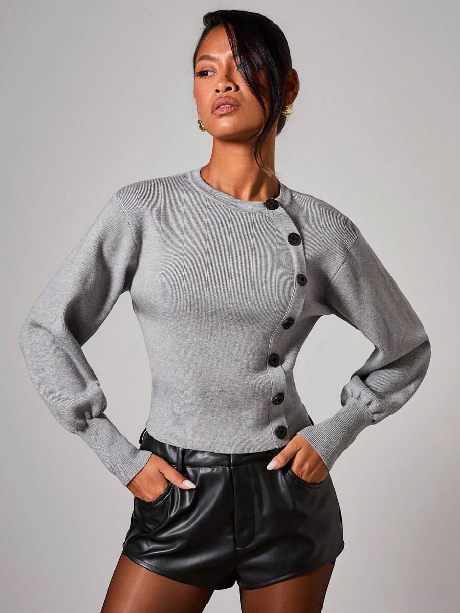 COSMINA Women's Elegant Asymmetric Button Cardigan Sweater, Autumn/Winter - Grey - View 1