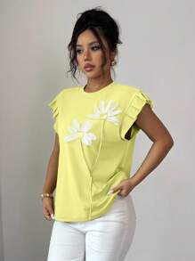 Elenzga Women's 3D Floral Decor Round Neck Loose T-Shirt With Flutter Sleeves , Summer - Yellow - View 5