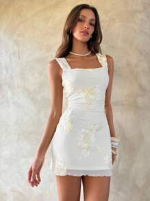 Aloruh 女式无袖迷你连衣裙，优雅刺绣装饰方领，夏季 - 杏色 - 查看 5