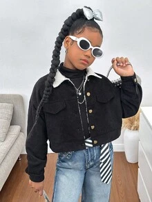 SHEIN Tween Girls' Black & White Contrast Fuzzy Jacket, Comfortable Casual Fashion Versatile Outerwear,In Fall/Winter