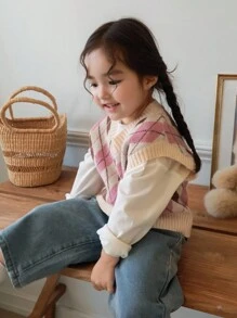 Dazy Kids 女婴拼色钻石图案V领针织背心，秋冬，幼儿秋季服装 - 彩色 - 查看 7