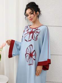 Al Najma 女式宽松撞色镶边圆领土耳其长裙，传统阿拉伯风格 - 藍色 - 查看 5