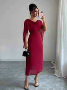 Modelyn Women Cowl Neck Cape Slim Fit Midi Dress - Red - View 1