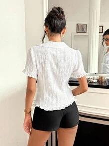 Roylia Áo cánh trơn một hàng khuy, viền eo xếp ly cho nữ, màu trắng - trắng - Xem 2
