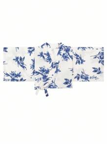 Irokai Elegant Vintage Japanese Floral Print Yukata - Blue - View 3