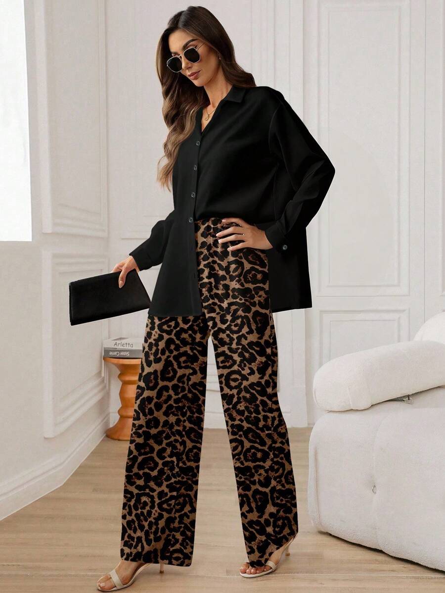 SHEIN LUNE 2pcs Set Women Casual Minimalist Leopard Print Long Sleeve Blouse Autumn And Winter