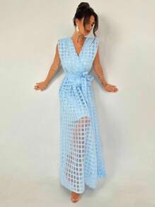 Firerie 新款优雅长腰系带格子提花度假风中长连衣裙，无袖二合一简约通勤修身百搭长裙