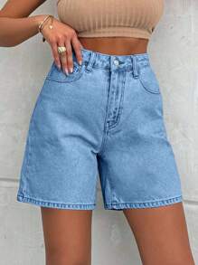 EURMUSE 100%Cotton LIGHT WASH HIGH WAIST SHORT - Royal Blue - View 5