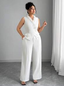 Elenzga 大码优雅荷叶边背心和裤子两件套，夏季 - 白色 - 查看 3