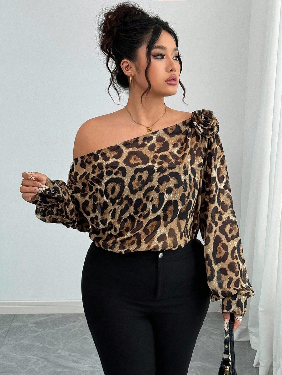 Elenzga Kemeja Kasual Motif Leopard Ukuran Besar dengan Bahu Asimetris, Musim Gugur/Musim Dingin - Coklat - View 1