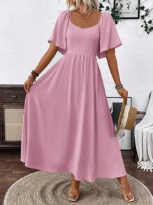 SHEIN LUNE Clasi Breezaya 女式淡蓝色波西米亚风方形优雅领口浪漫毕业生日礼服音乐会服装海滩女士服装泡泡袖露背蝴蝶结连衣裙带蝴蝶结春夏超长度假柔软面料荷叶边袖长裙 - 粉色 - 查看 4