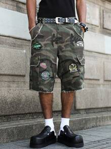 Manfinity EMRG 大码男士街头时尚休闲磨边迷彩牛仔短裤 - 軍綠色 - 查看 6
