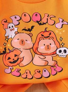 Young Girls' Halloween Capybara Print Long Sleeve Sweatshirt And Flare Pants Set, And Cute Knitted 2 Pieces Outfit For Autumn Girls Halloween Outfit Girls 2 Piece Outfit Fall Kid Clothes Halloween Pajamas Girls Fall Outfit - Orange - View 6