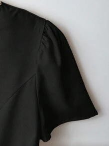 Franclia 女士优雅串珠设计圆领修身短袖衬衫，夏季黑色蝴蝶结上衣，适合大学校园穿着 - 黑色 - 查看 4