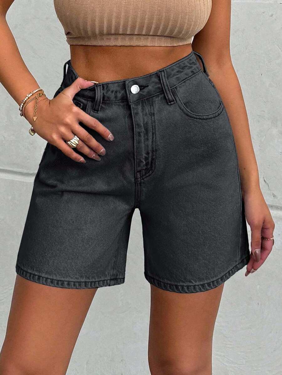 EURMUSE 100%Cotton LIGHT WASH HIGH WAIST SHORT - Dark Grey - View 1