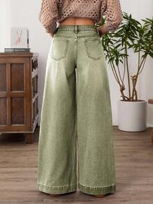 SHEIN Tall Women's Button Front Dual Pocket Wide Leg Loose Casual Denim Pants - Green - View 2