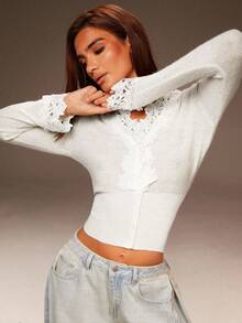 Athîral Creamy White Lace Knitted Long-Sleeved Top, Knitted Cardigan, Fall Fashion, Christmas, Going-Out Top - White - View 3