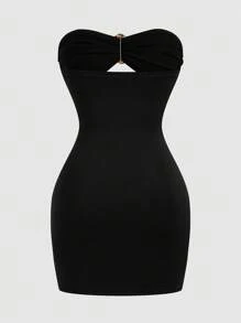 Sweetra Sexy Solid Color Minimalist Ruched Bodycon Mini Dress - Black - View 2