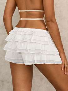 SHEIN Swim Women's Casual Solid Color Ruffle Hem Cover Up & Shorts Set - White - View 2