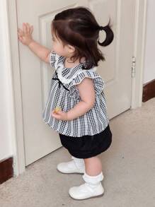 Dazy Kids 2pcs Baby Girls' Plaid Casual Korean Style Flutter Sleeve Shirt With Bowknot Outfit Set - Black - View 4