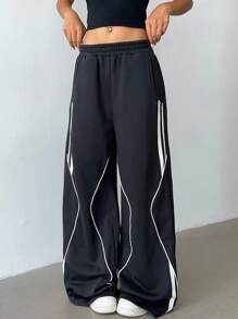 SHEIN BASICS 女士休闲纯色针织宽松阔腿运动裤 - 黑色 - 查看 1