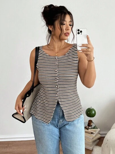 Lounesse Plus Size Women Casual Colorblock Striped Print Button Front Sleeveless Tops, Summer,Teacher Outfits For Women,Teacher Shirts Office Work Spring